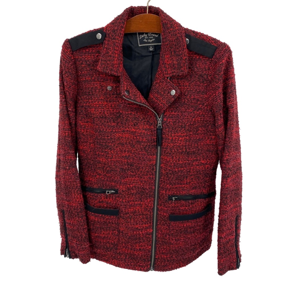 Lucky Brand Women's Size Small Tweed Moto Jacket Red‎ Black Blazer